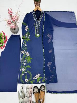 Blue Color Embroidery And Thread Work  Silk Blend Salwar Suit 3