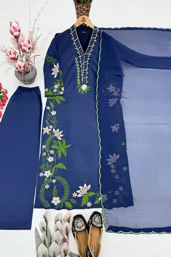 Blue Color Embroidery And Thread Work  Silk Blend Salwar Suit