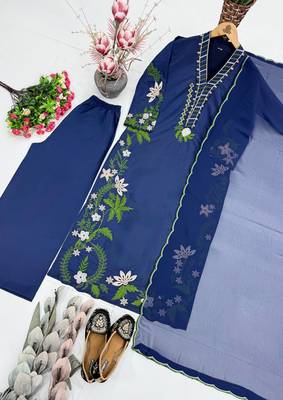 Blue Color Embroidery And Thread Work  Silk Blend Salwar Suit 4