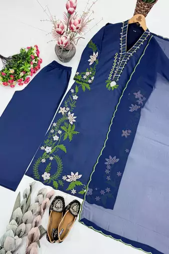 Blue Color Embroidery And Thread Work  Silk Blend Salwar Suit