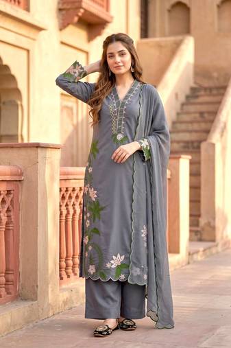 Grey Color Embroidery And Thread Work  Silk Blend Salwar Suit