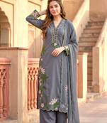 Grey Color Embroidery And Thread Work  Silk Blend Salwar Suit