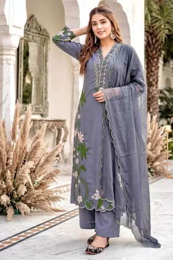 Grey Color Embroidery And Thread Work  Silk Blend Salwar Suit