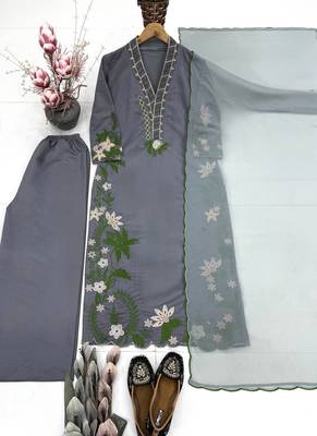 Grey Color Embroidery And Thread Work  Silk Blend Salwar Suit 3