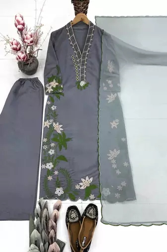 Grey Color Embroidery And Thread Work  Silk Blend Salwar Suit