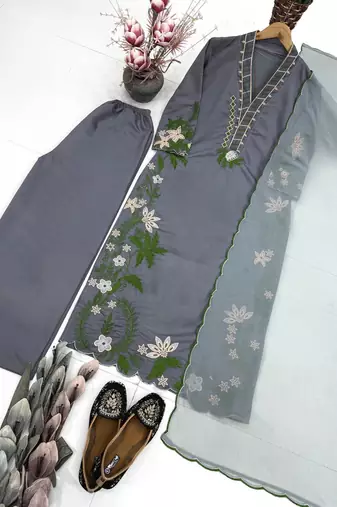 Grey Color Embroidery And Thread Work  Silk Blend Salwar Suit