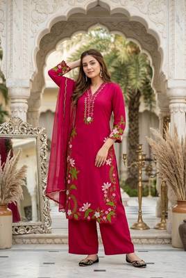Red Color Embroidery And Thread Work  Silk Blend Salwar Suit 1