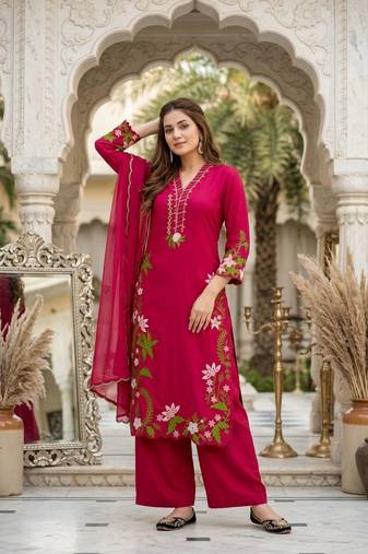Red Color Embroidery And Thread Work  Silk Blend Salwar Suit