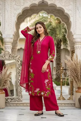 Red Color Embroidery And Thread Work  Silk Blend Salwar Suit