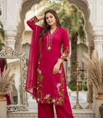 Red Color Embroidery And Thread Work  Silk Blend Salwar Suit