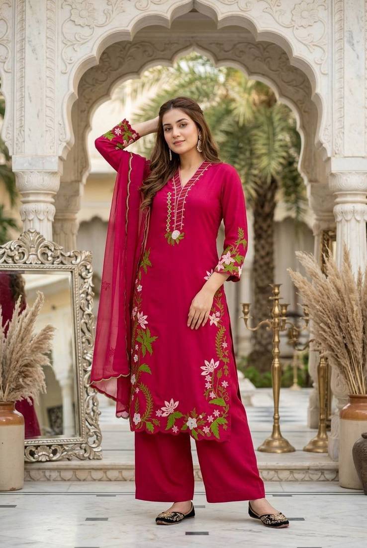 Red Color Embroidery And Thread Work  Silk Blend Salwar Suit