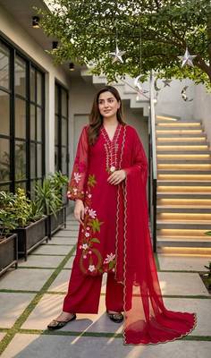Red Color Embroidery And Thread Work  Silk Blend Salwar Suit 2