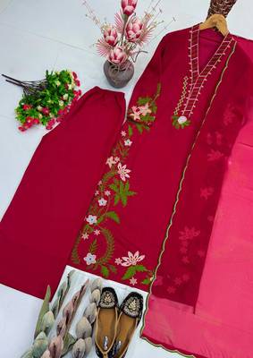 Red Color Embroidery And Thread Work  Silk Blend Salwar Suit 3