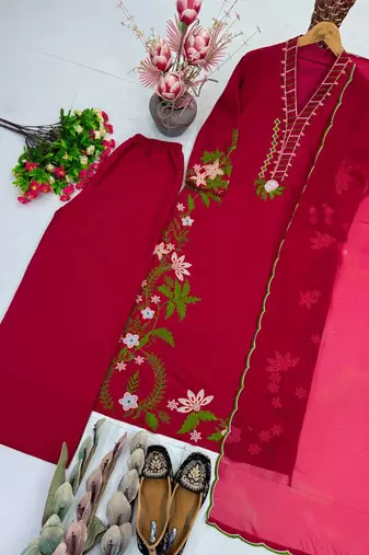 Red Color Embroidery And Thread Work  Silk Blend Salwar Suit