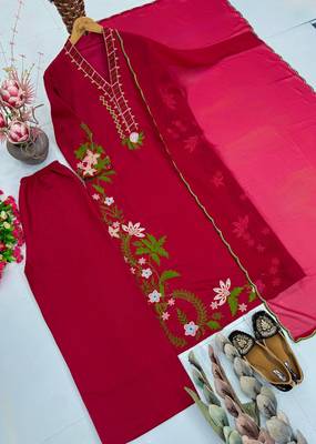 Red Color Embroidery And Thread Work  Silk Blend Salwar Suit 4