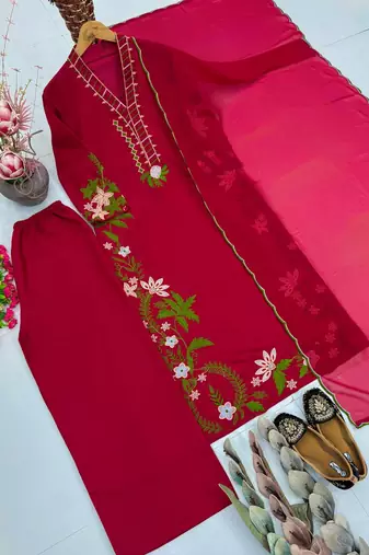 Red Color Embroidery And Thread Work  Silk Blend Salwar Suit