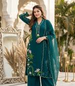 Teal Color Embroidery And Thread Work  Silk Blend Salwar Suit