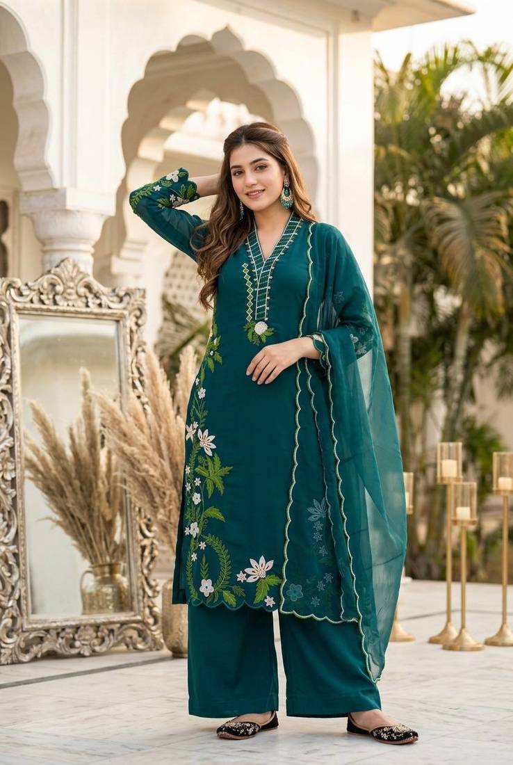 Teal Color Embroidery And Thread Work  Silk Blend Salwar Suit