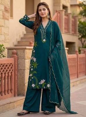 Teal Color Embroidery And Thread Work  Silk Blend Salwar Suit 2