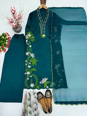 Teal Color Embroidery And Thread Work  Silk Blend Salwar Suit 3