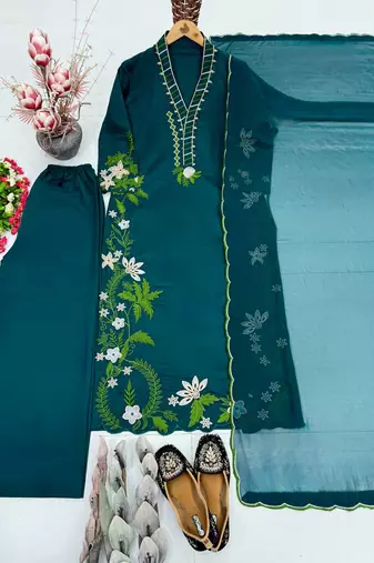 Teal Color Embroidery And Thread Work  Silk Blend Salwar Suit