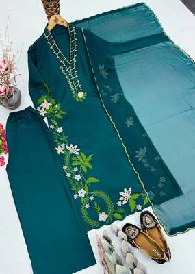 Teal Color Embroidery And Thread Work  Silk Blend Salwar Suit 4