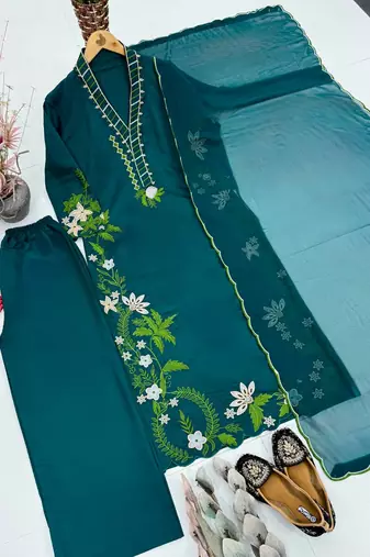 Teal Color Embroidery And Thread Work  Silk Blend Salwar Suit