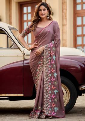 Brown rangoli panel embroidered saree 1