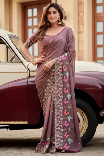 Brown rangoli panel embroidered saree