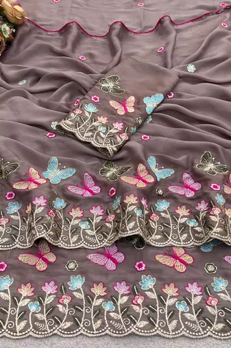 Brown rangoli panel embroidered saree