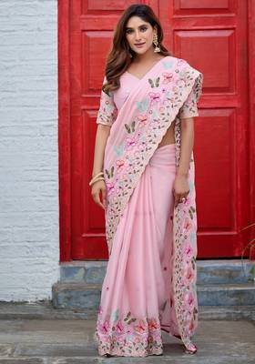 Pink rangoli panel embroidered saree 1