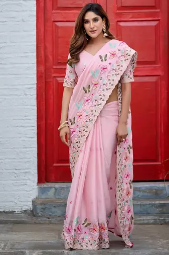 Pink rangoli panel embroidered saree