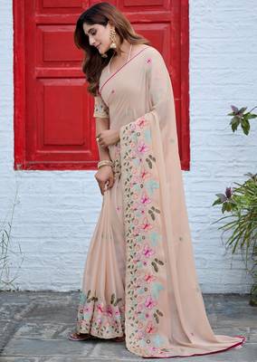 Beige rangoli panel embroidered saree 1