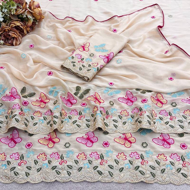 Beige rangoli panel embroidered saree