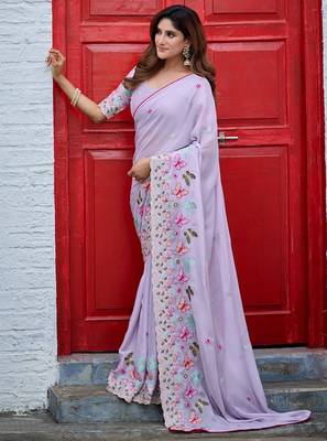 Lavender rangoli panel embroidered saree 1
