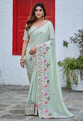 Green rangoli panel embroidered saree 1