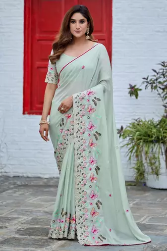 Green rangoli panel embroidered saree