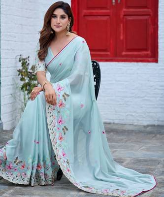 Blue rangoli panel embroidered saree 1