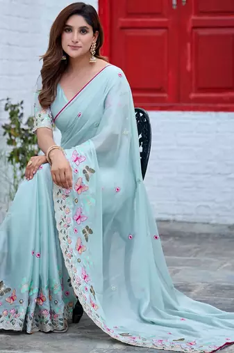 Blue rangoli panel embroidered saree