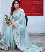 Blue rangoli panel embroidered saree