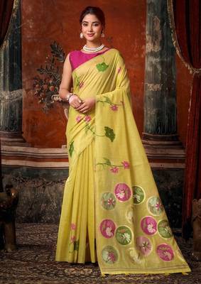 Lemon khadi cotton blend jhallar saree 1