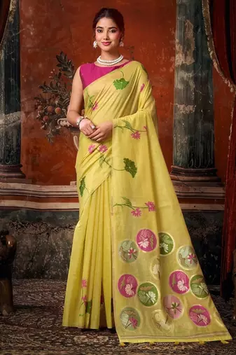 Lemon khadi cotton blend jhallar saree