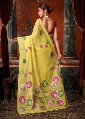 Lemon khadi cotton blend jhallar saree 2