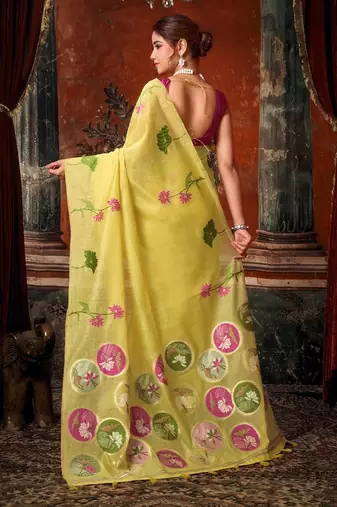 Lemon khadi cotton blend jhallar saree