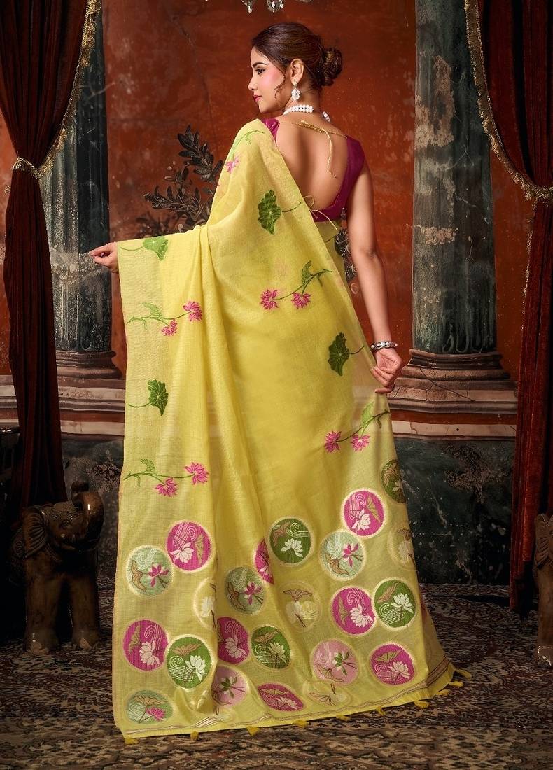 Lemon khadi cotton blend jhallar saree