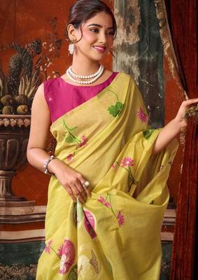 Lemon khadi cotton blend jhallar saree 3