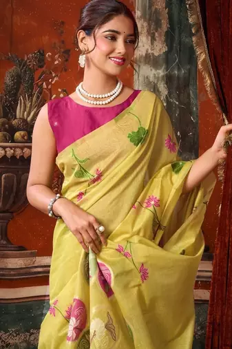 Lemon khadi cotton blend jhallar saree