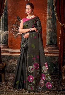 Grey khadi cotton blend jhallar saree 1
