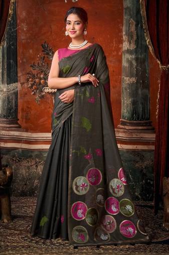 Grey khadi cotton blend jhallar saree