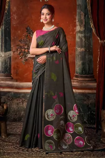 Grey khadi cotton blend jhallar saree